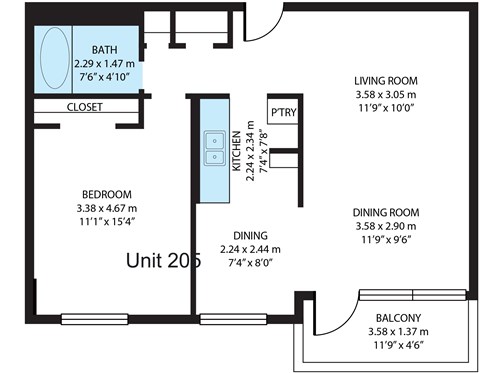 Floor plan for 1 bed, 1 bath, 685 sqft
